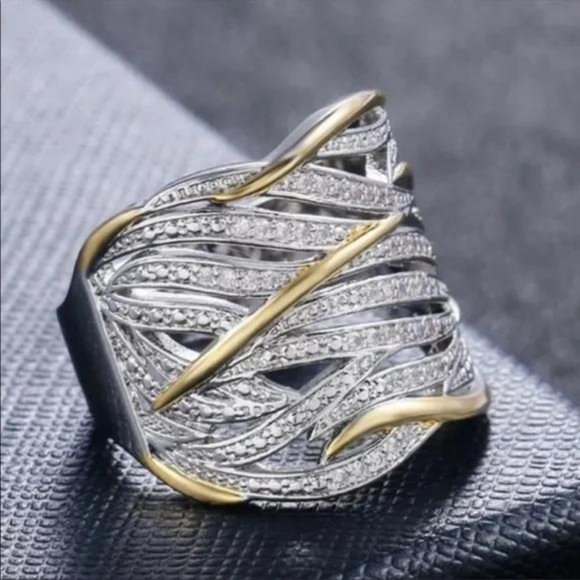 925 STERLING SILVER TWO TONE DIAMOND HALO RING, CUTE RING, SHINY RING. - Picture 3 of 6